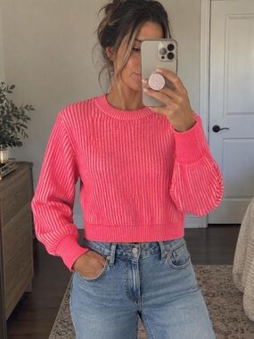 Milly Ribbed Crewneck Sweater in Hot Pink